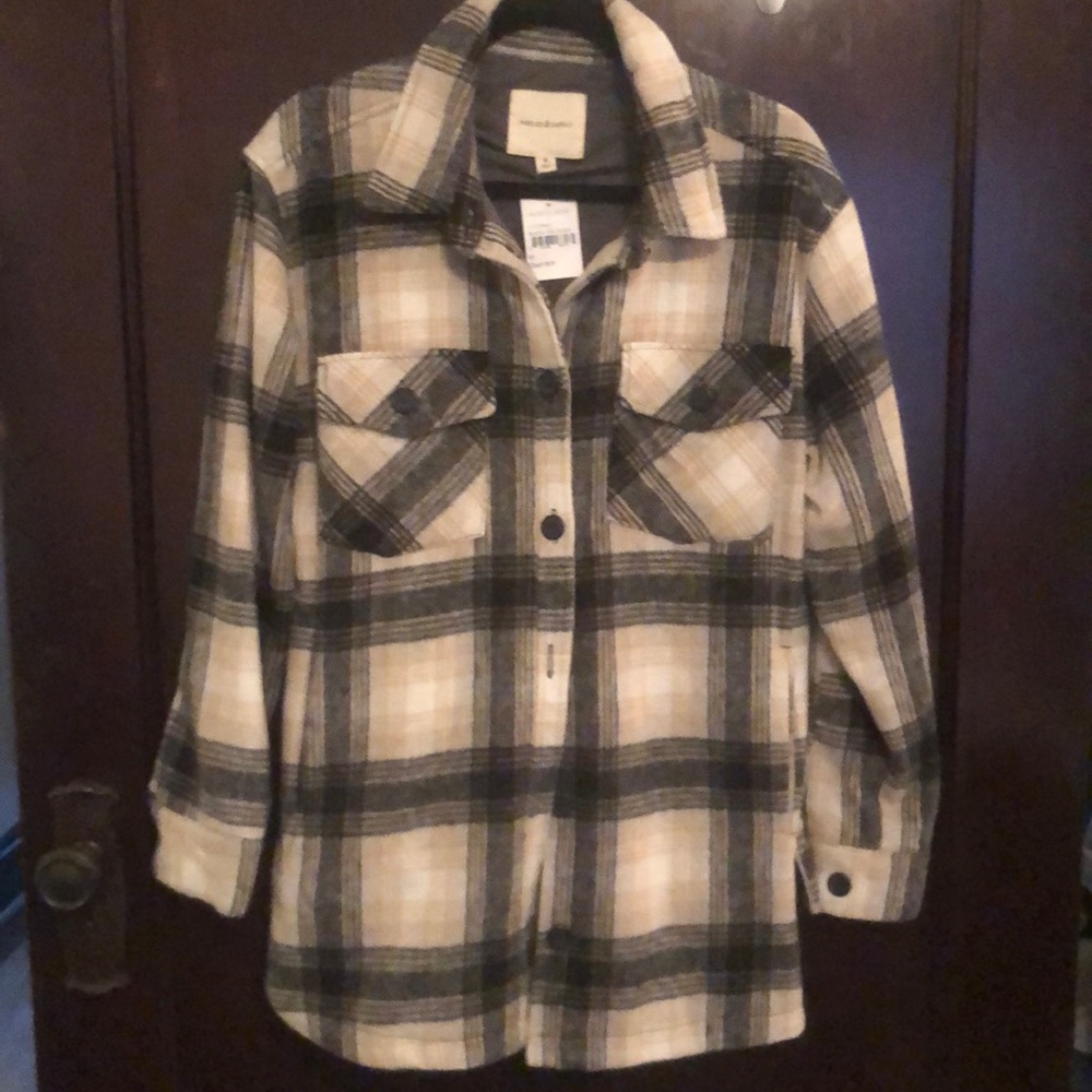 Thread & Supply black and tan plaid long jacket from Nordstrom. Size Medium